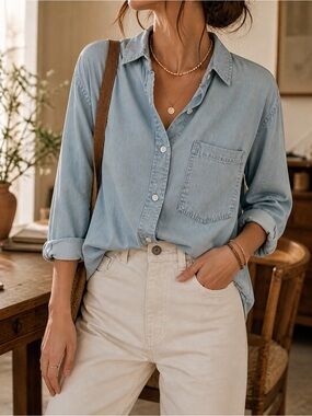 SO Chambray Denim Button Down Shirt Light Wash Boho Half Tuck Top S/M